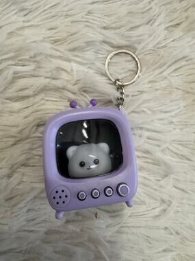 Purple cat on a Tv clicker light up keychain